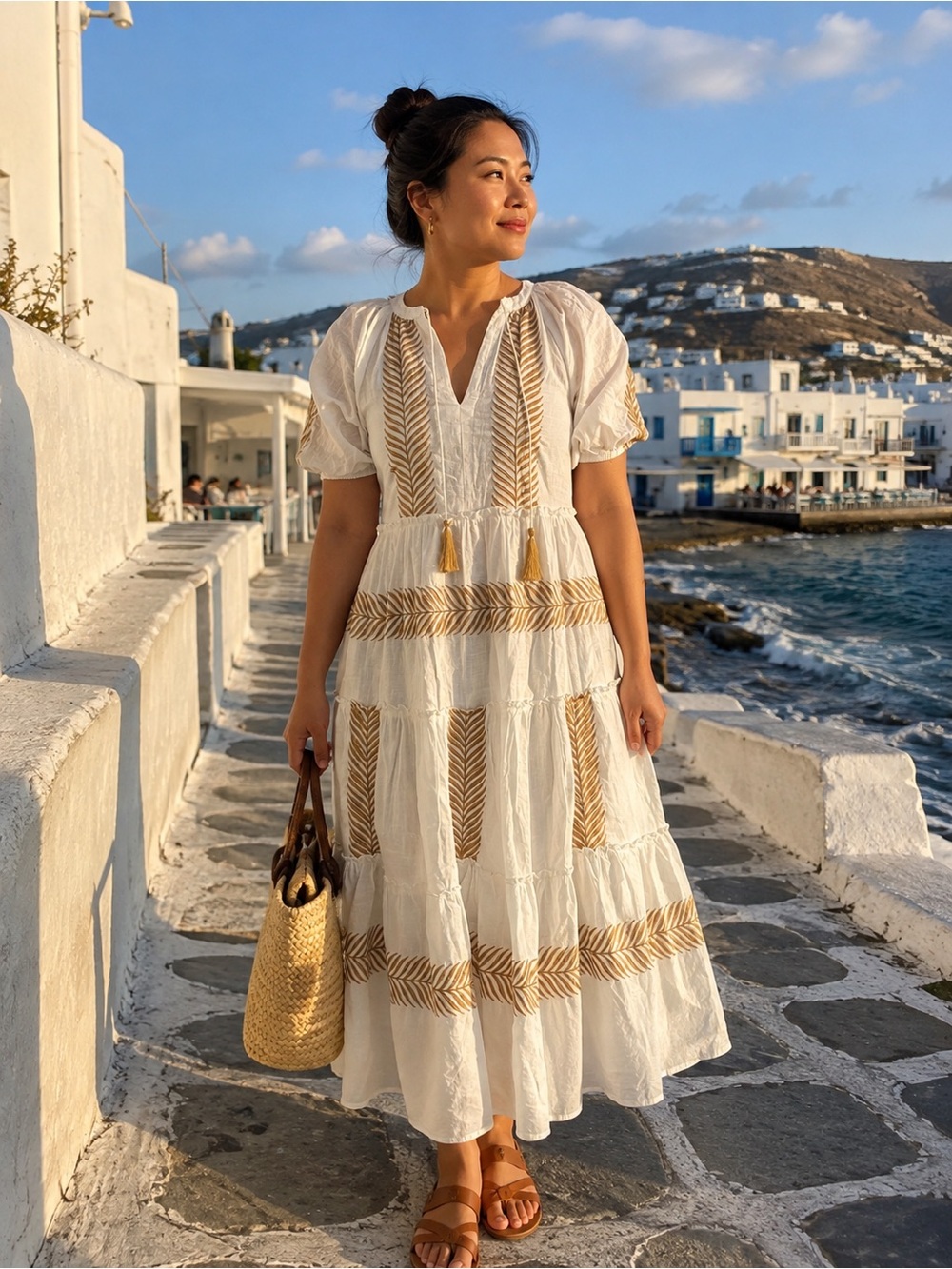 F&F White Midi Dress with Gold Leaf Embroidery